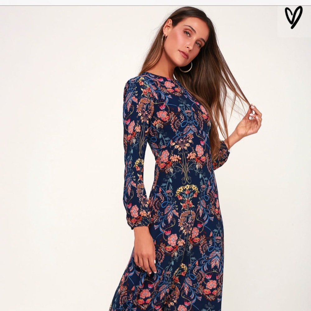 Lulu's Blue Floral Midi Dress